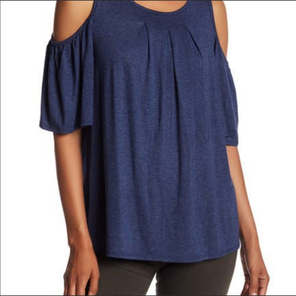 2/$25! GUC Max Studio Women's Large Super Stretchy Dark Blue Open Shoulder Top - Picture 1 of 7
